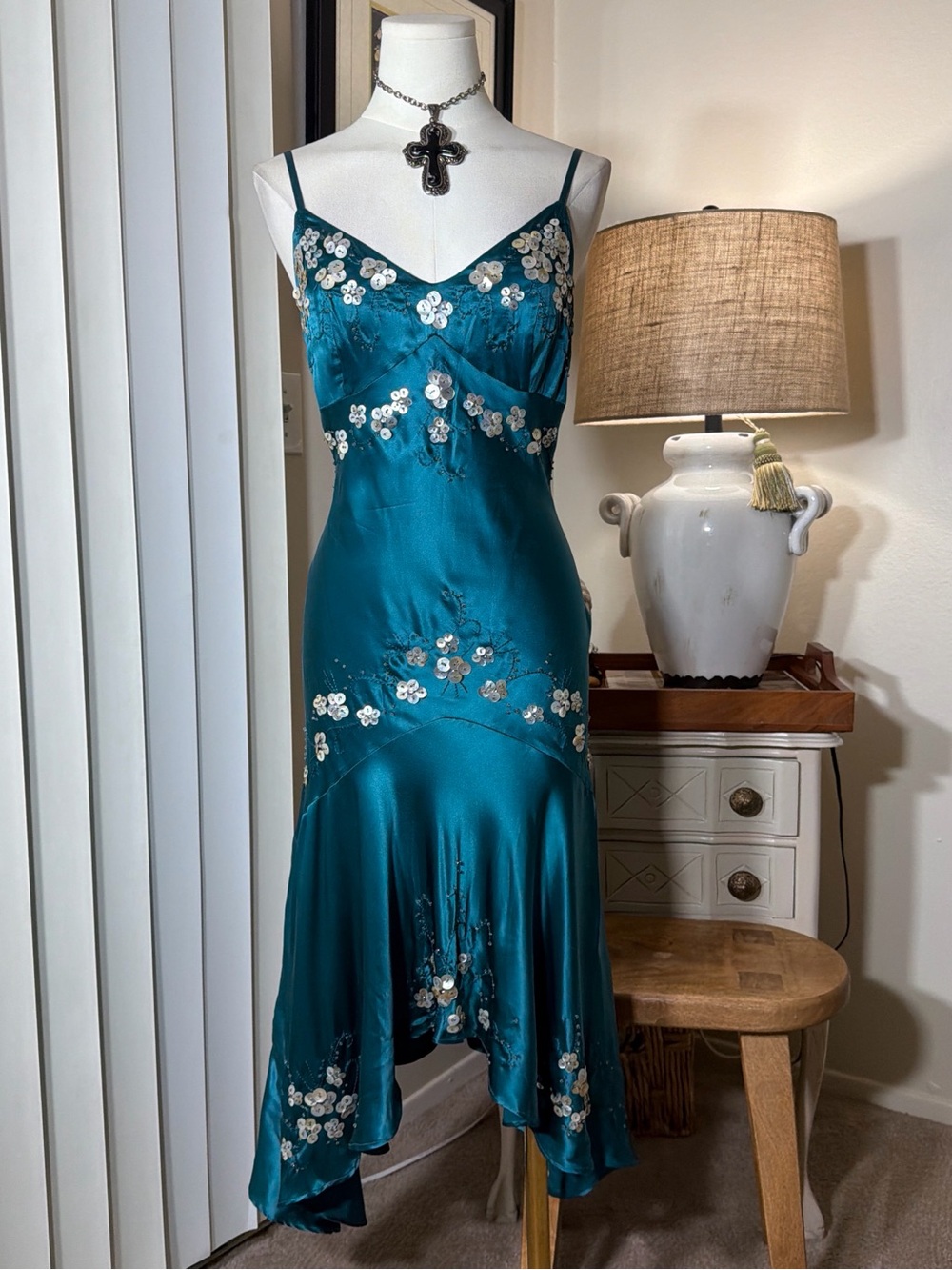 Sue Wong Teal Silk Beaded Button Floral Midi Dress